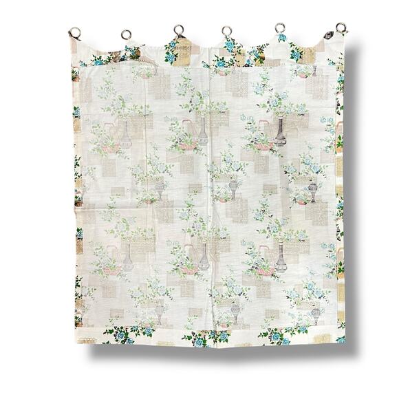 Vintage Mid Century NEW Pair Floral Toile Kitchen Cafe Curtains Scalloped Tabs - Picture 3 of 9